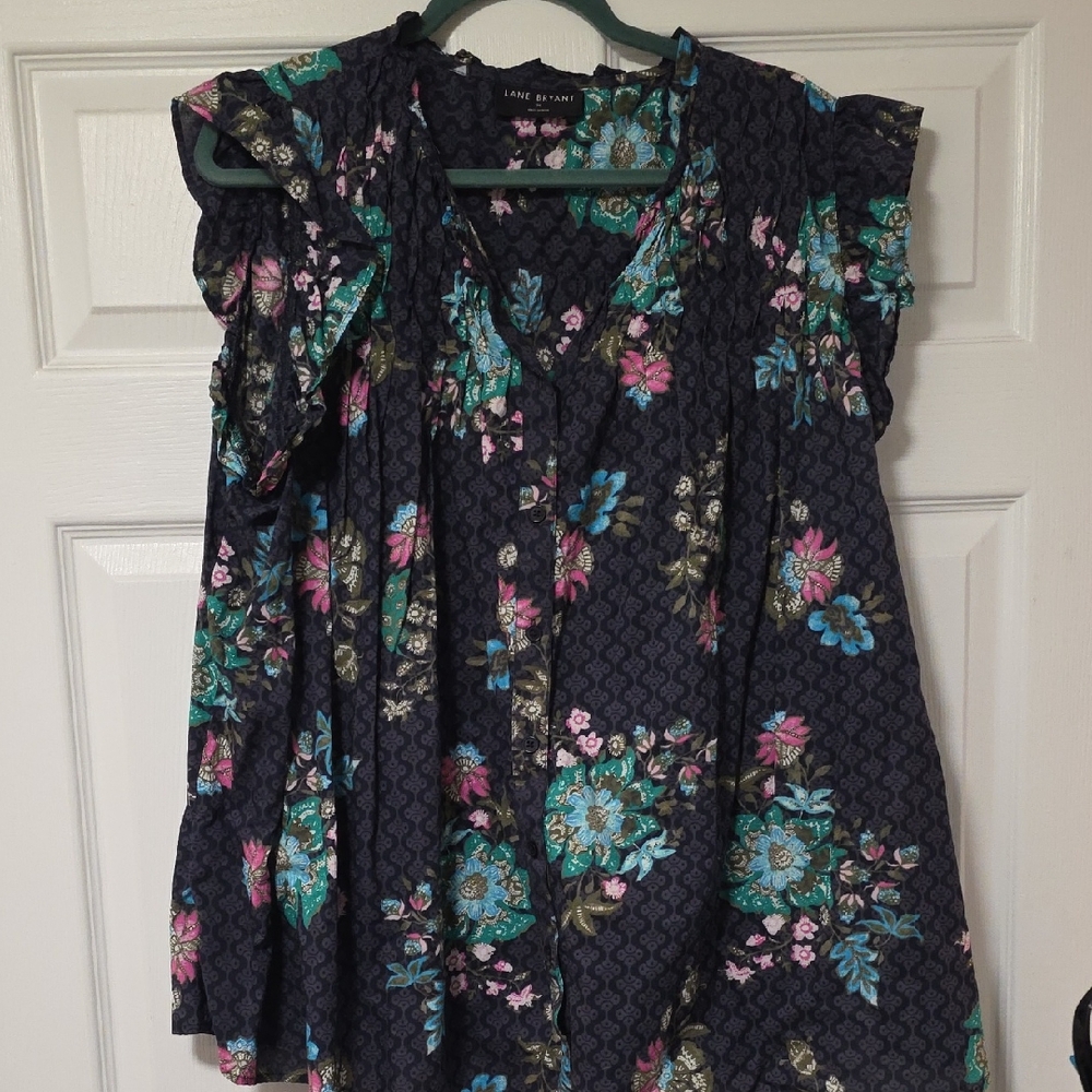 Lane Bryant Navy Floral Blouse with Ruffle Sleeves